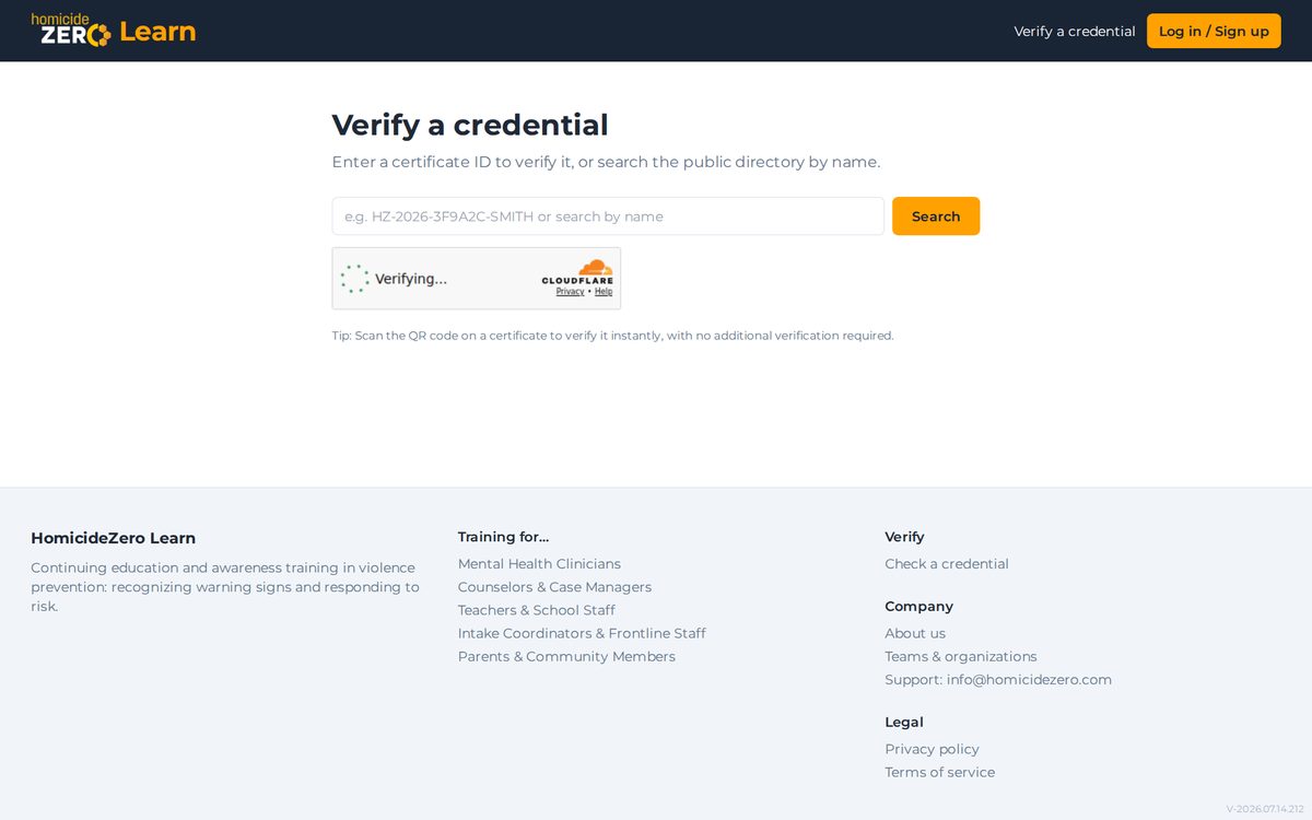 The credential verification page