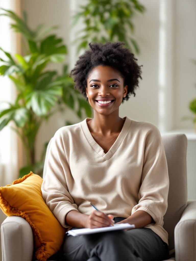 A therapist in her practice, notepad on her knee