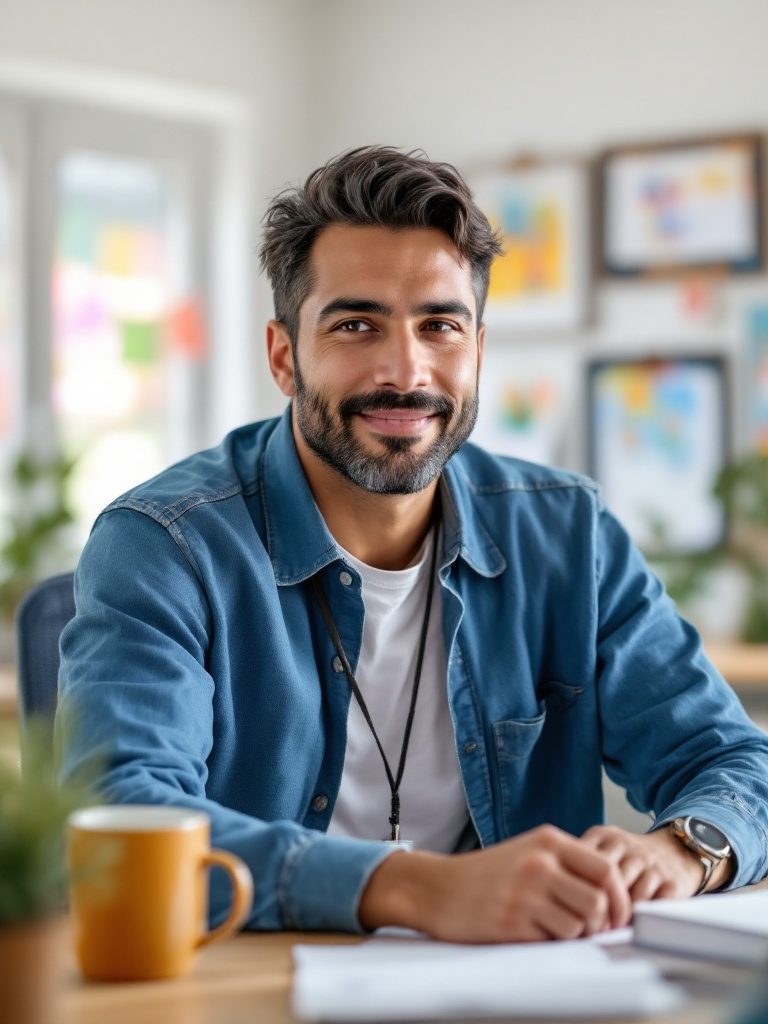 A school counselor at his desk, student artwork behind him
